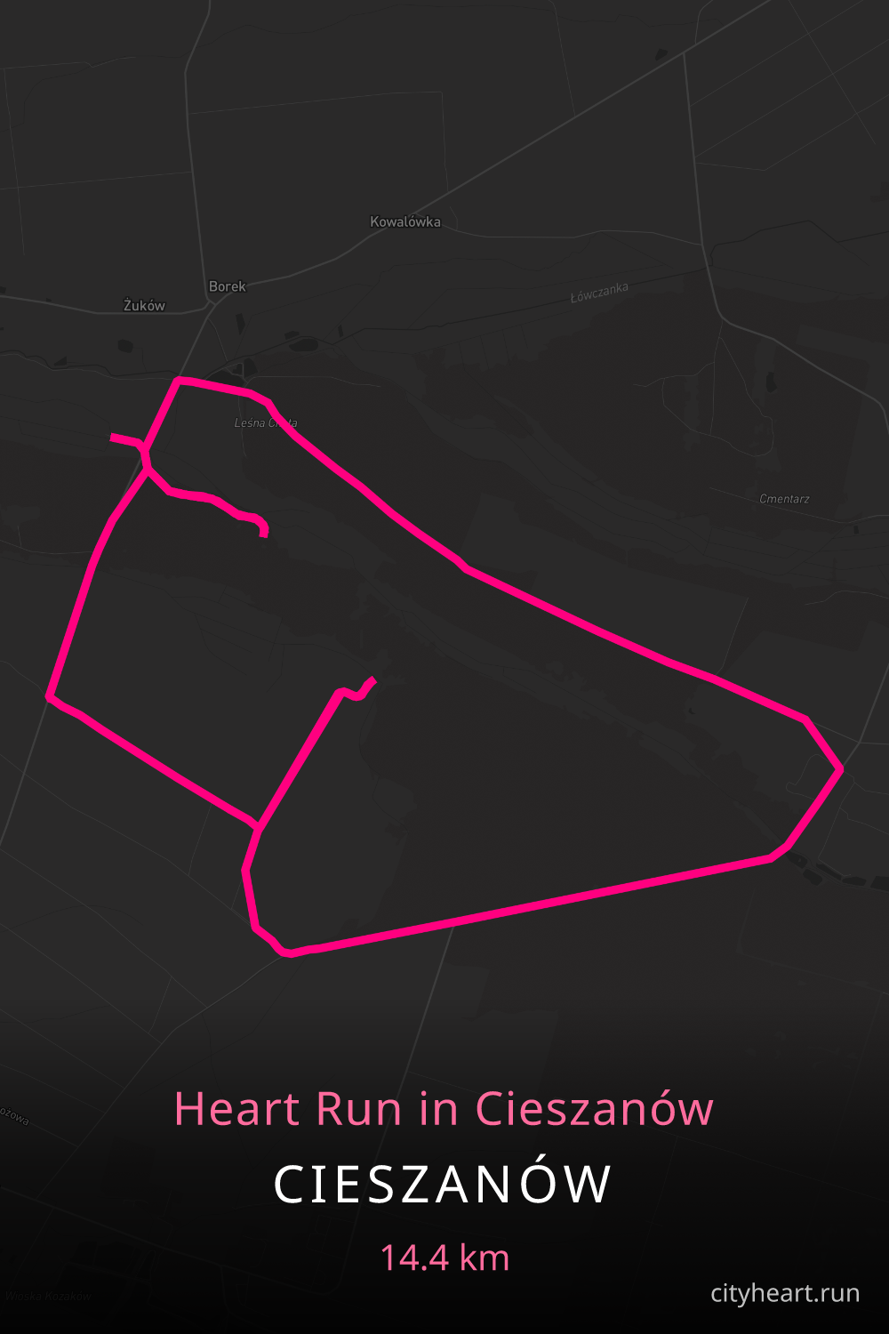 Heart-shaped running route in Cieszanów, 14.4 km — GPS art for Strava