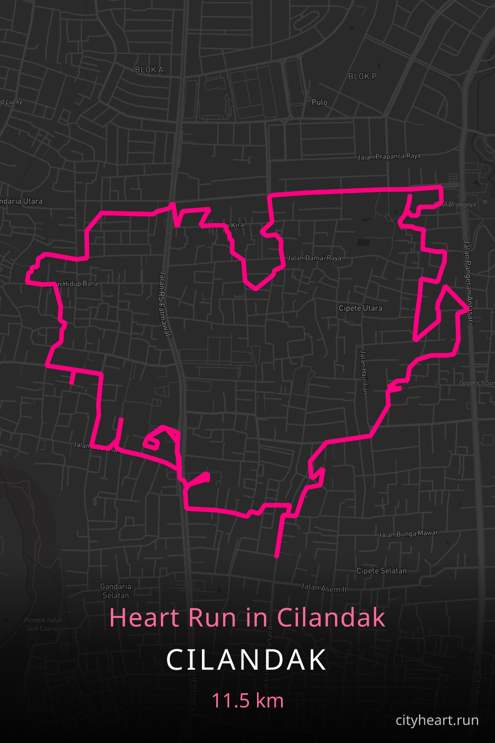 Heart-shaped running route in Cilandak, 11.5 km — GPS art for Strava