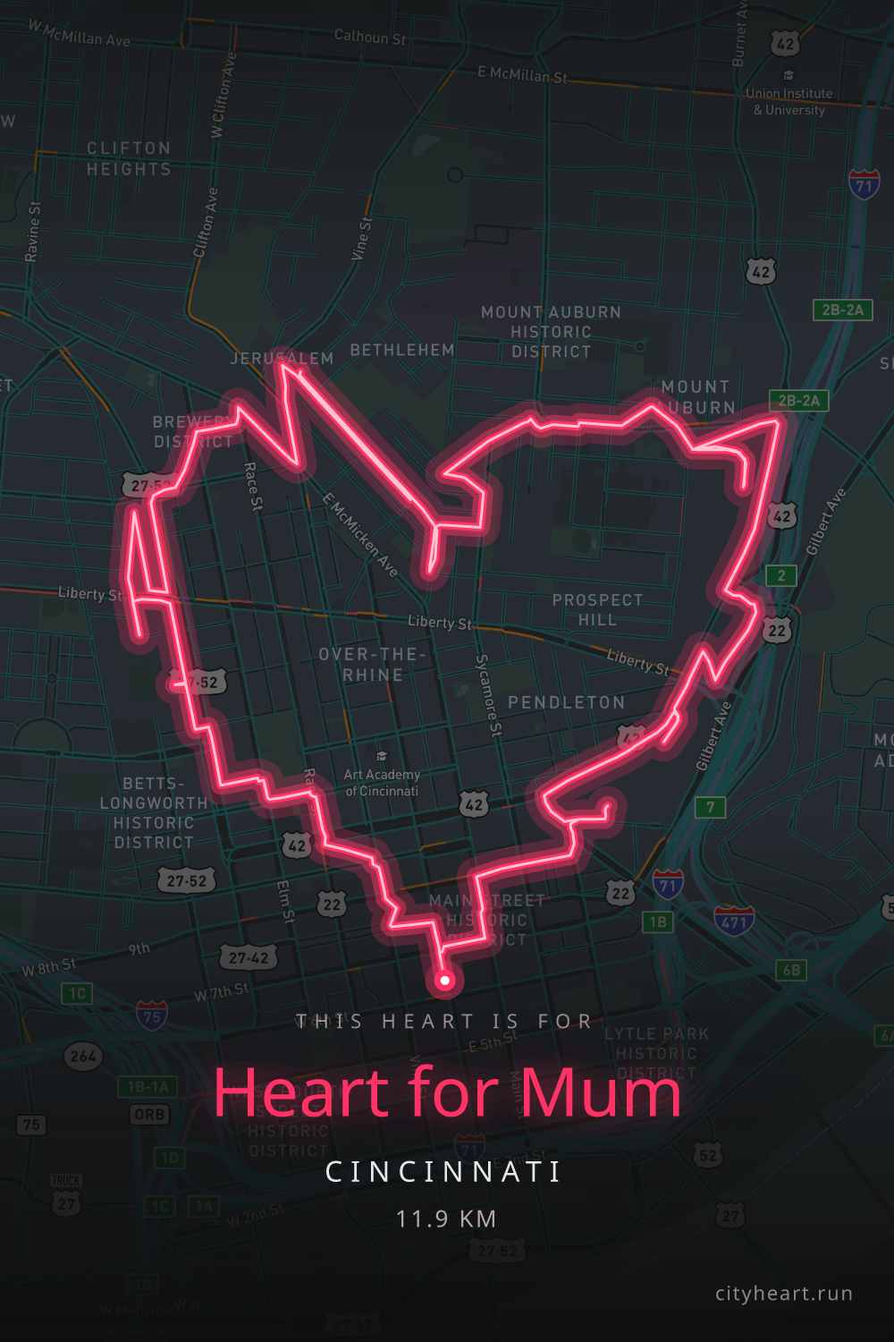 Heart-shaped running route in Cincinnati, 11.9 km — GPS art for Strava