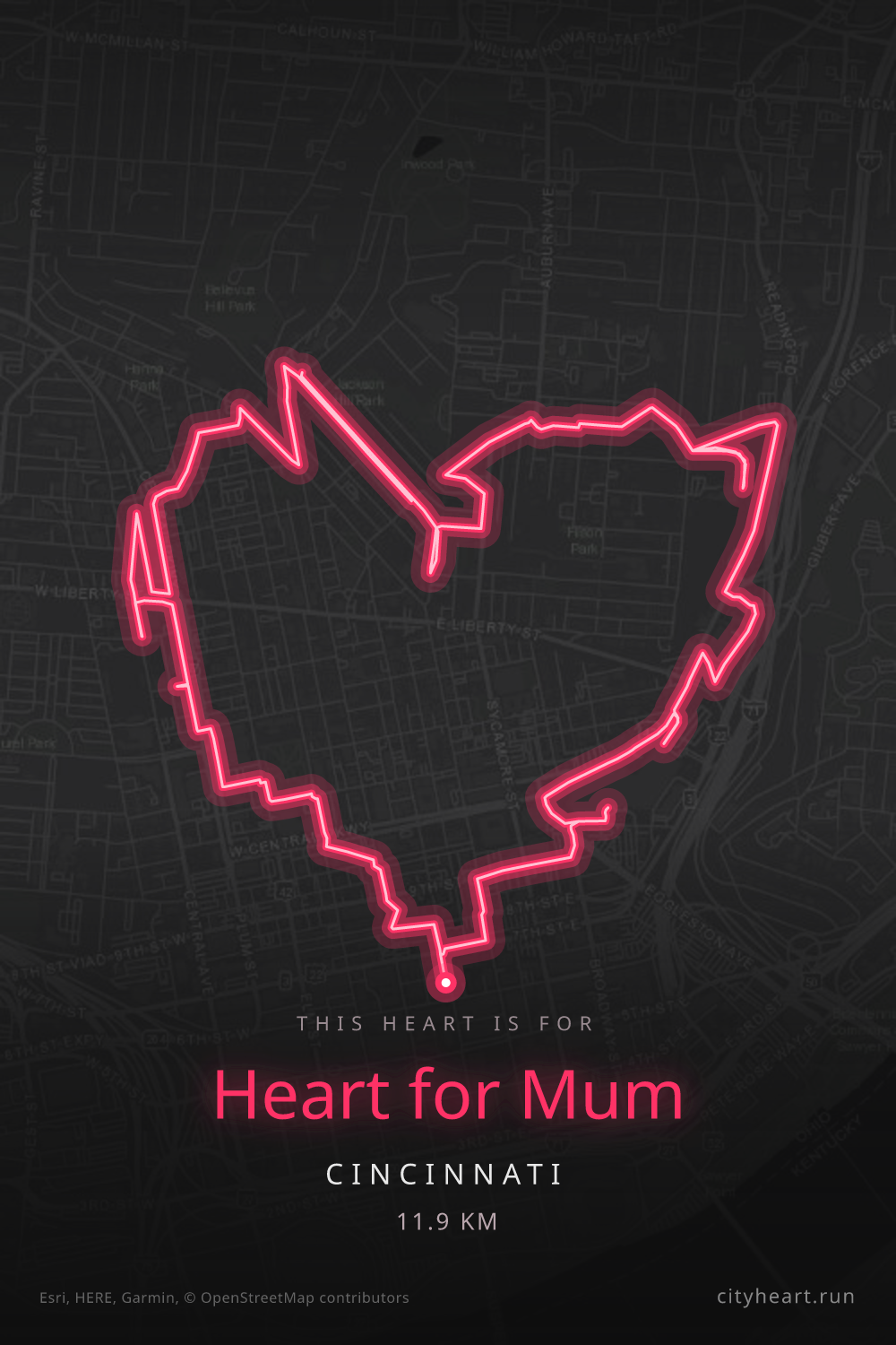 Heart-shaped running route in Cincinnati, 11.9 km — GPS art for Strava