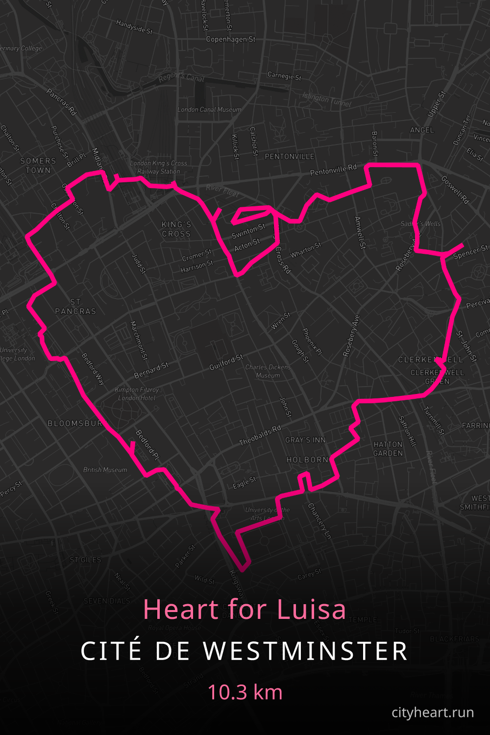 Heart-shaped running route in Cité de Westminster, 10.3 km — GPS art for Strava