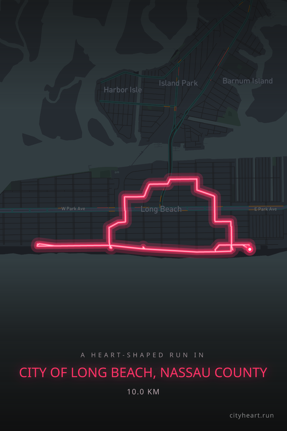 Heart-shaped running route in City of Long Beach, Nassau County, 10.1 km — GPS art for Strava