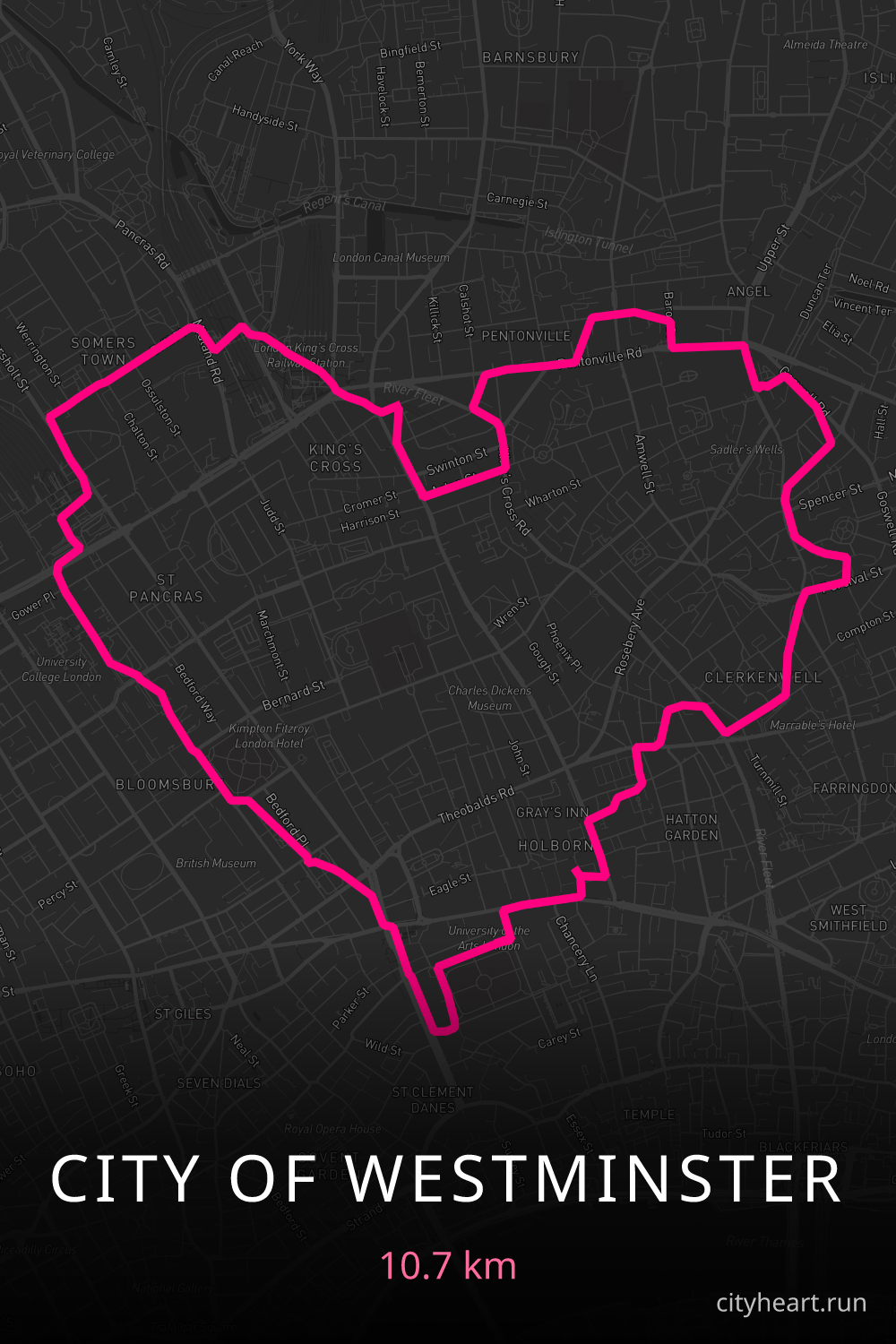 Heart-shaped running route in City of Westminster, 10.7 km — GPS art for Strava