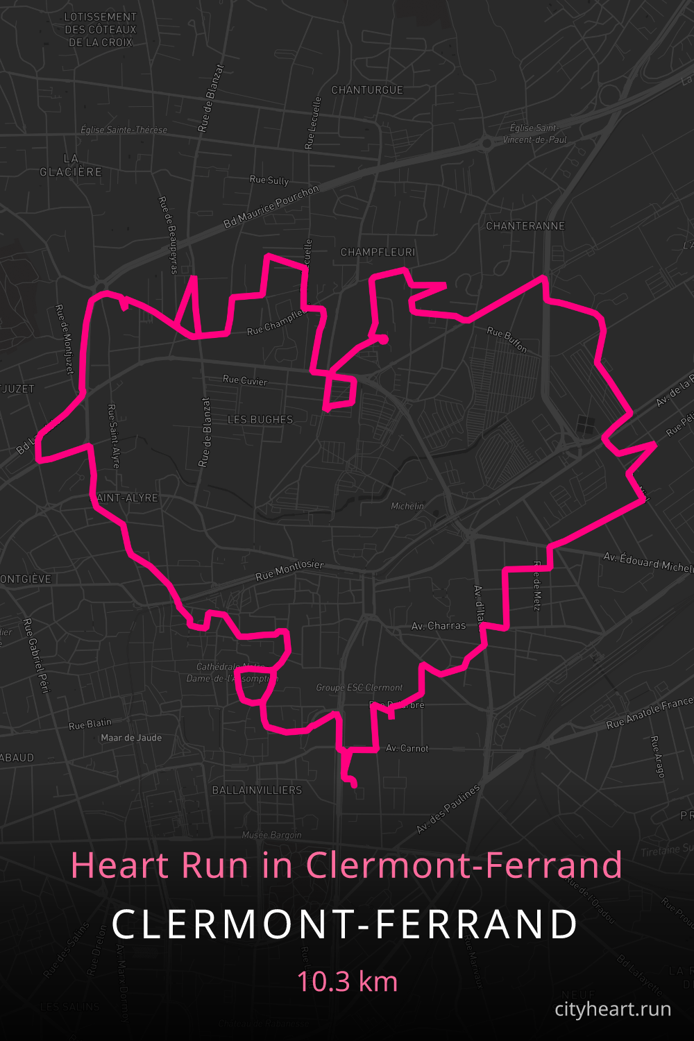 Heart-shaped running route in Clermont-Ferrand, 10.3 km — GPS art for Strava