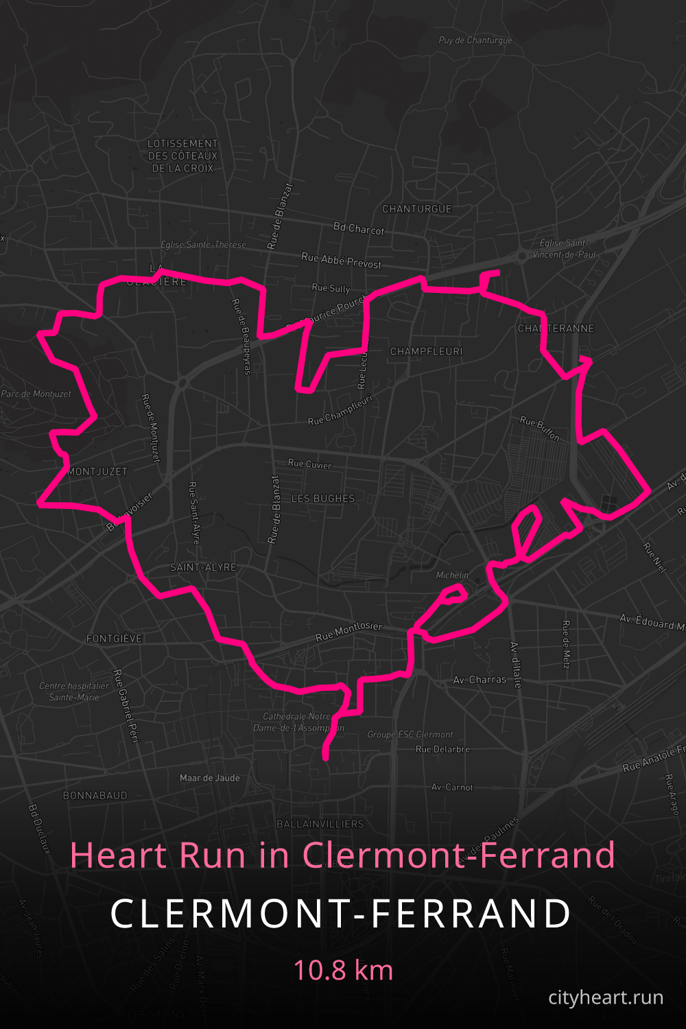 Heart-shaped running route in Clermont-Ferrand, 11.8 km — GPS art for Strava