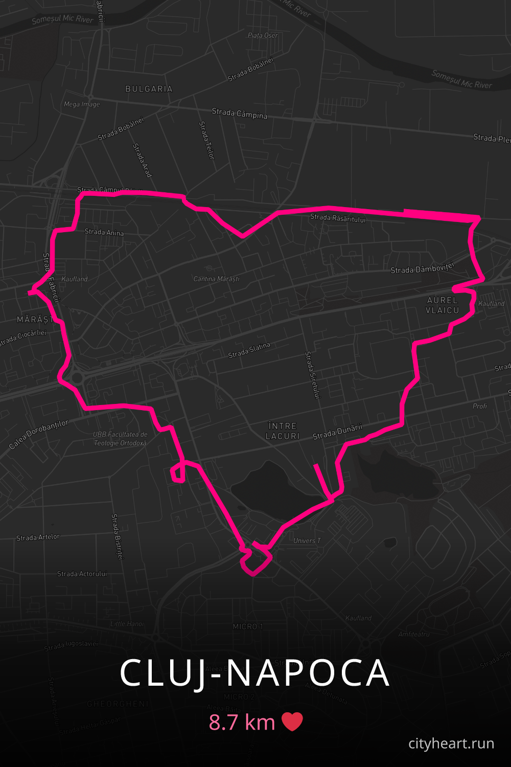 Heart-shaped running route in Cluj-Napoca, 8.7 km — GPS art for Strava
