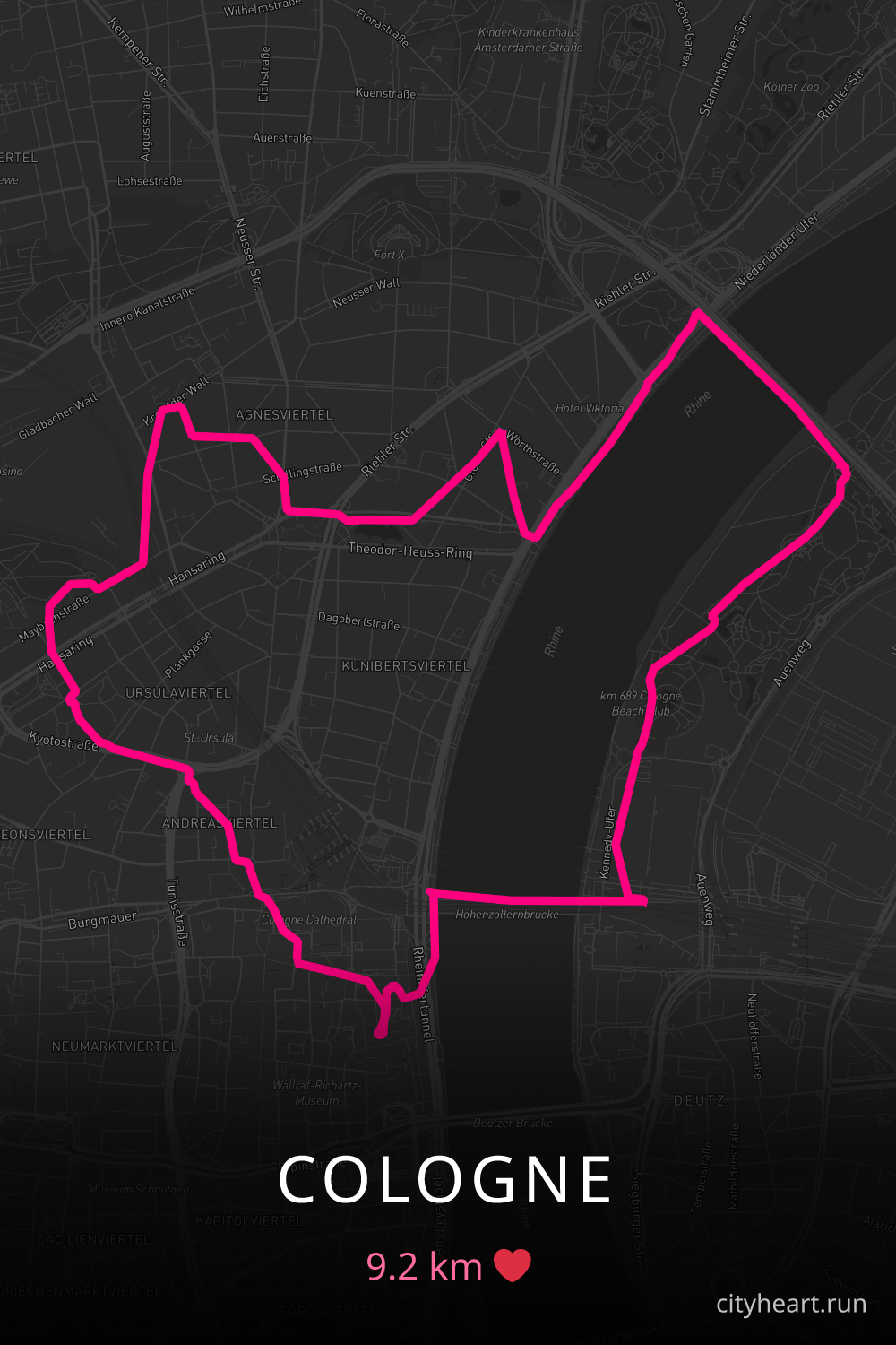 Heart-shaped running route in Cologne, 9.2 km — GPS art for Strava
