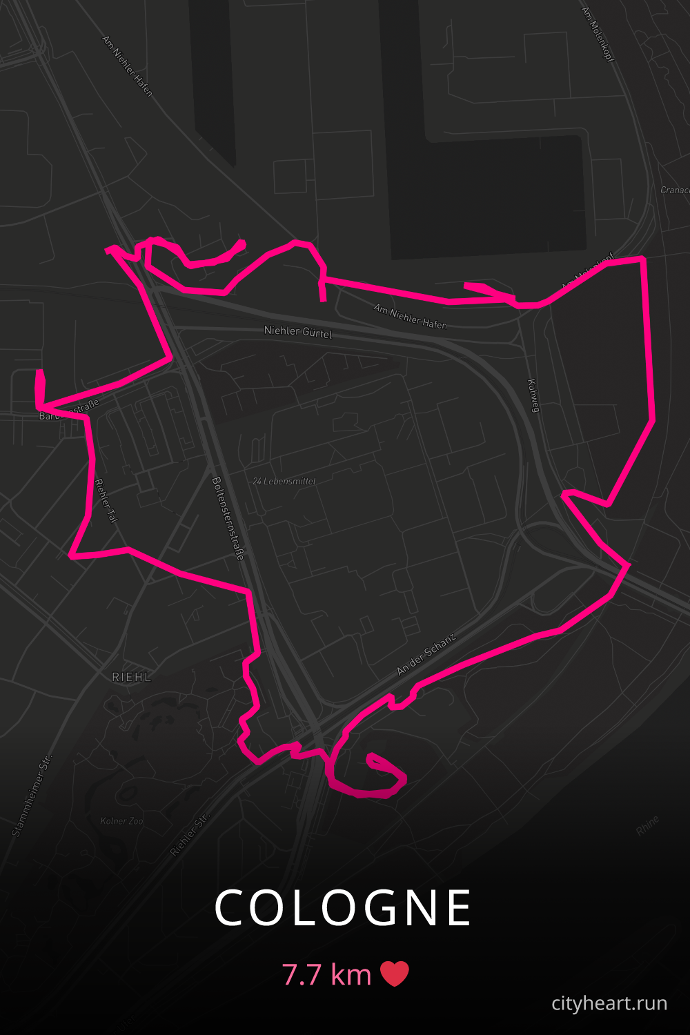Heart-shaped running route in Cologne, 7.7 km — GPS art for Strava
