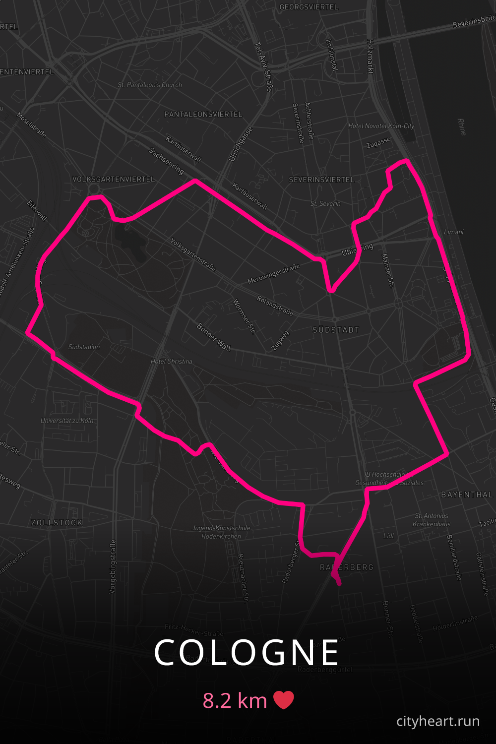Heart-shaped running route in Cologne, 13.0 km — GPS art for Strava