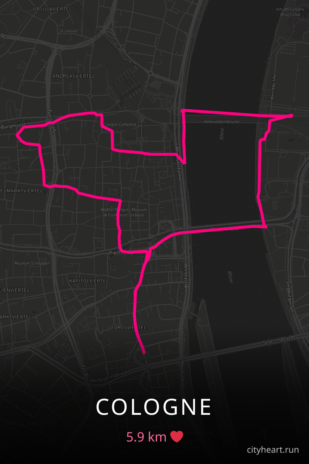Heart-shaped running route in Cologne, 5.9 km — GPS art for Strava