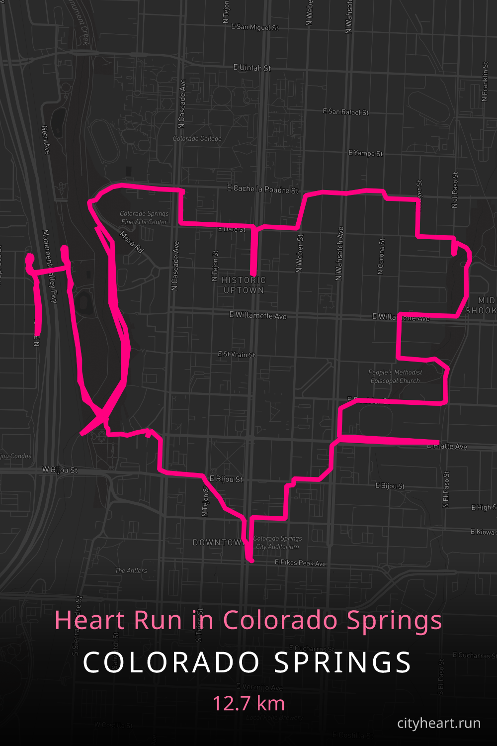 Heart-shaped running route in Colorado Springs, 12.7 km — GPS art for Strava