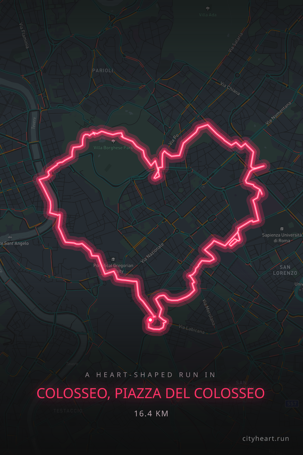 Heart-shaped running route in Colosseo, Piazza del Colosseo, 16.9 km — GPS art for Strava