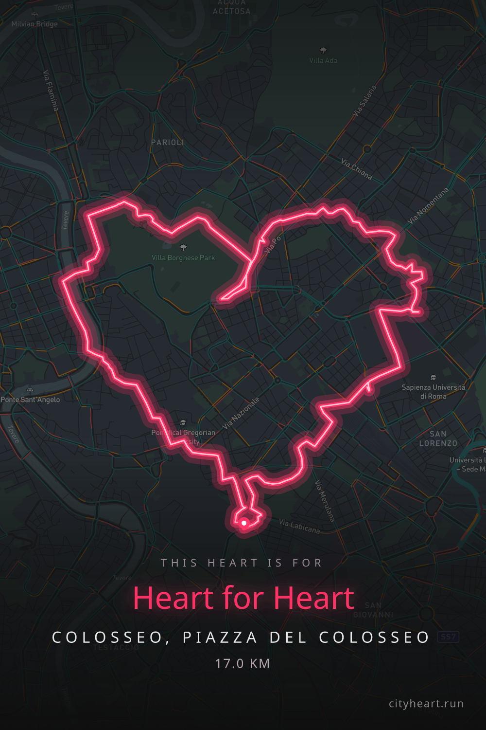 Heart-shaped running route in Colosseo, Piazza del Colosseo, 18.2 km — GPS art for Strava