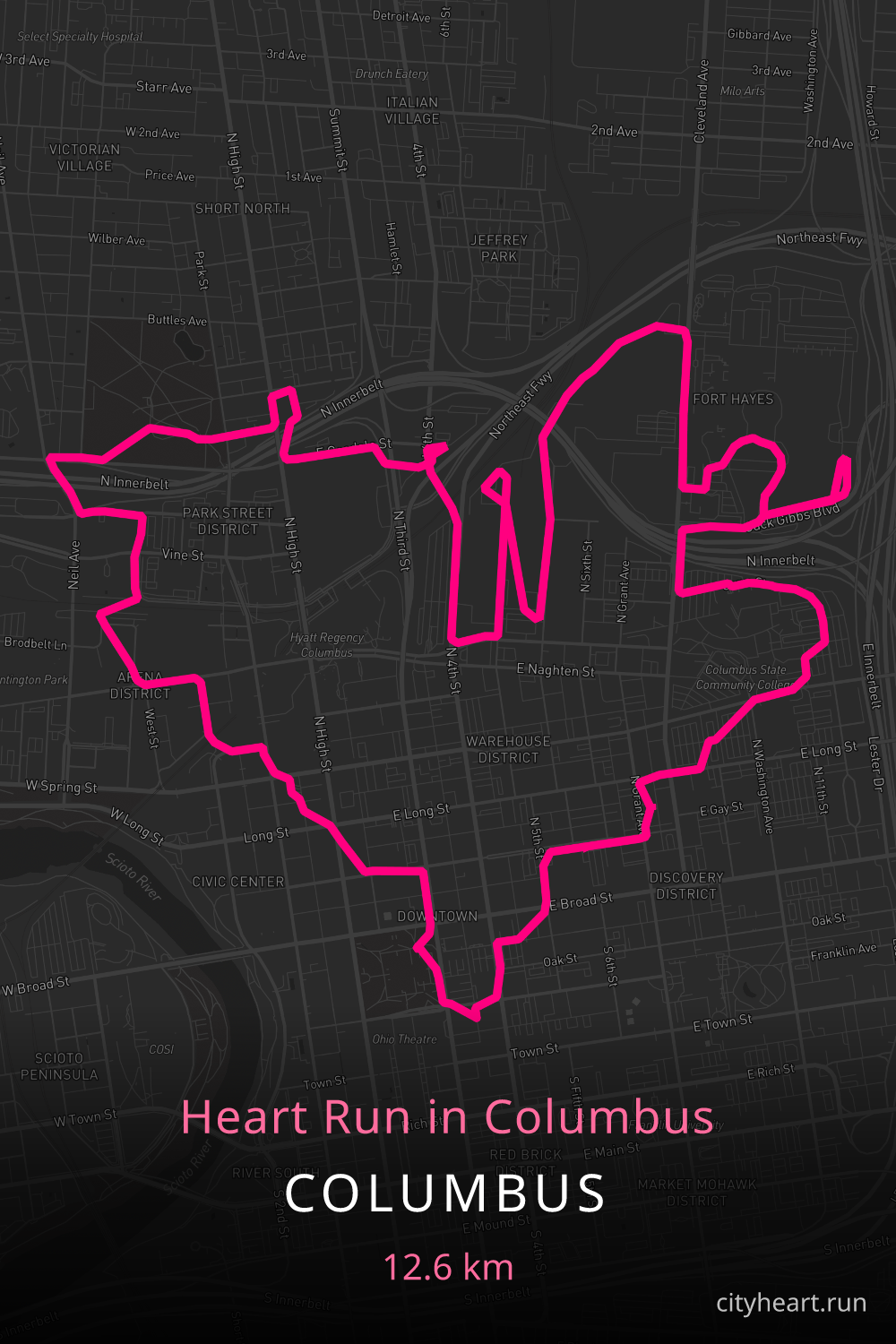 Heart-shaped running route in Columbus, 13.6 km — GPS art for Strava