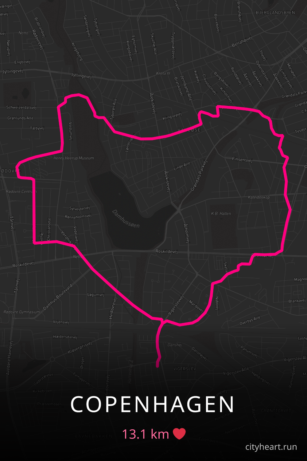 Heart-shaped running route in Copenhagen, 13.1 km — GPS art for Strava