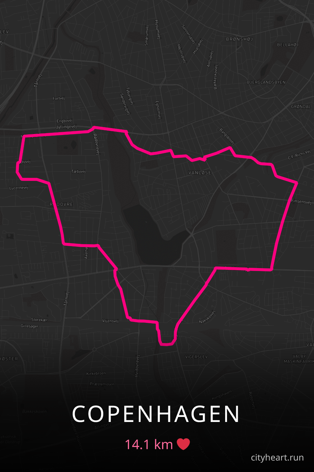 Heart-shaped running route in Copenhagen, 14.1 km — GPS art for Strava