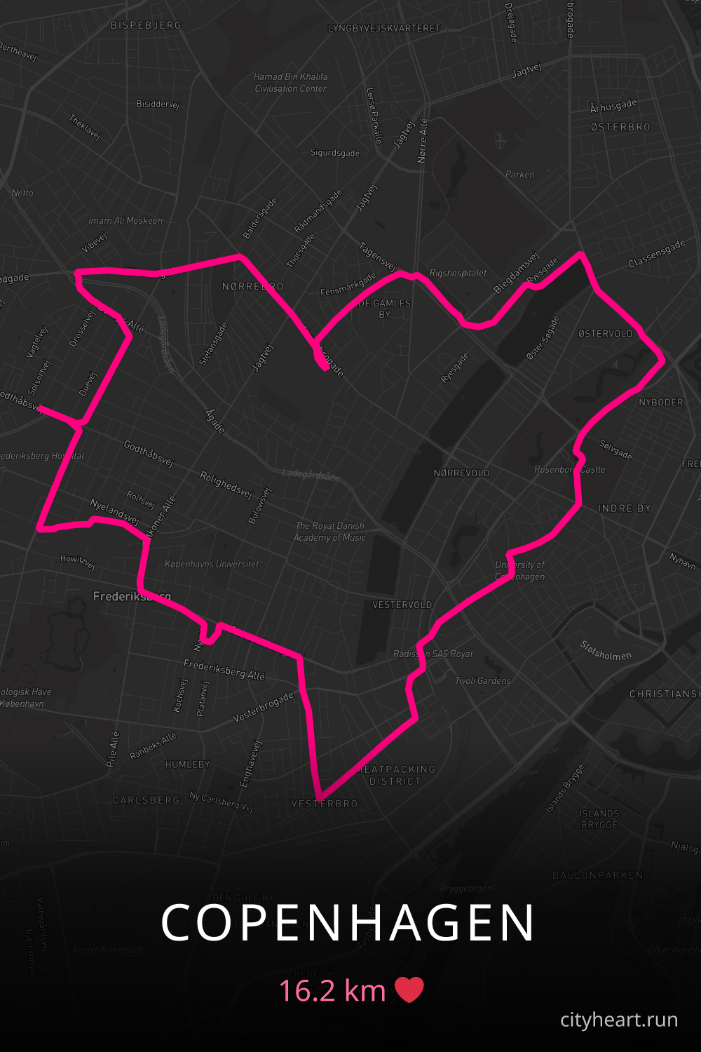 Heart-shaped running route in Copenhagen, 16.2 km — GPS art for Strava