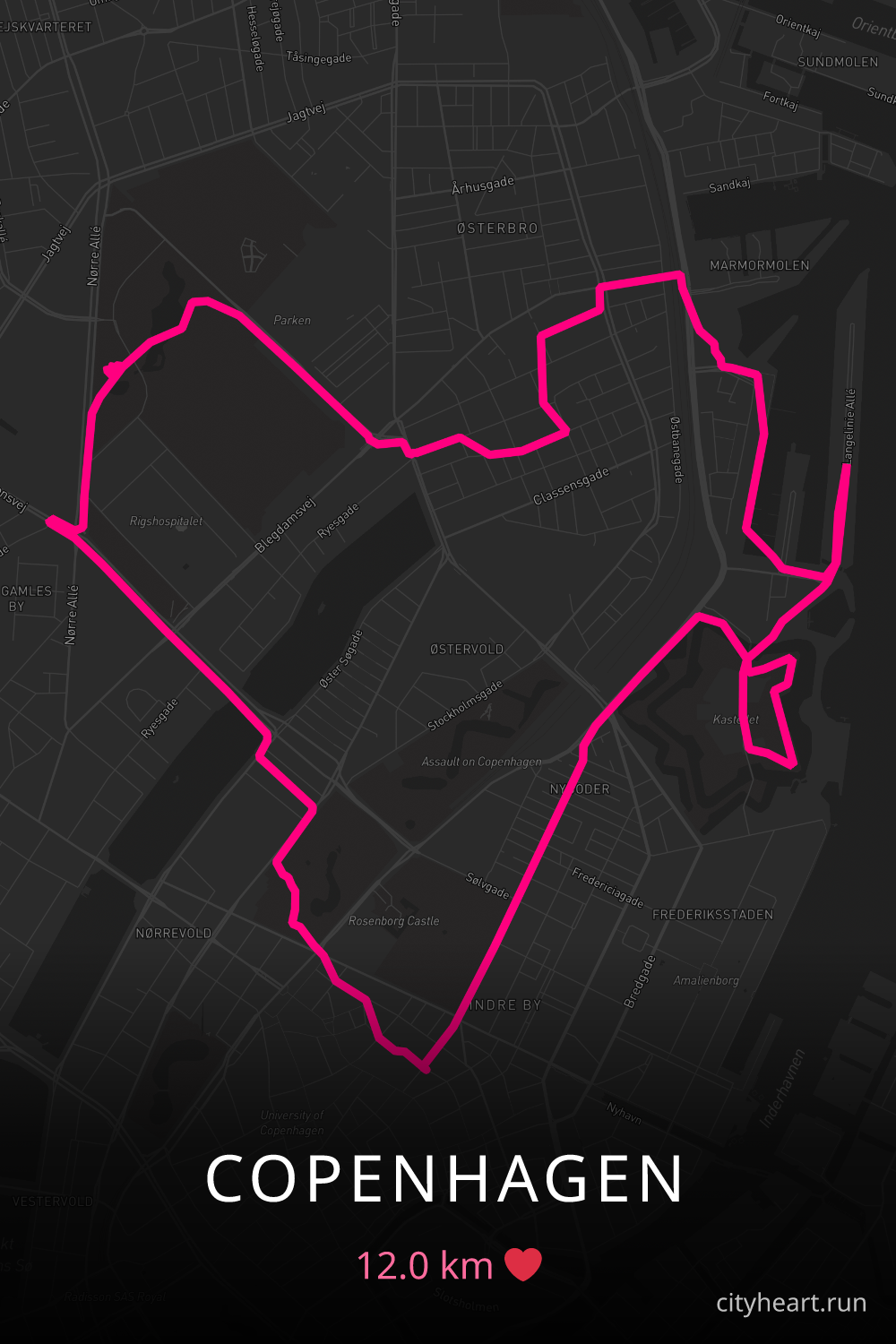 Heart-shaped running route in Copenhagen, 12.0 km — GPS art for Strava
