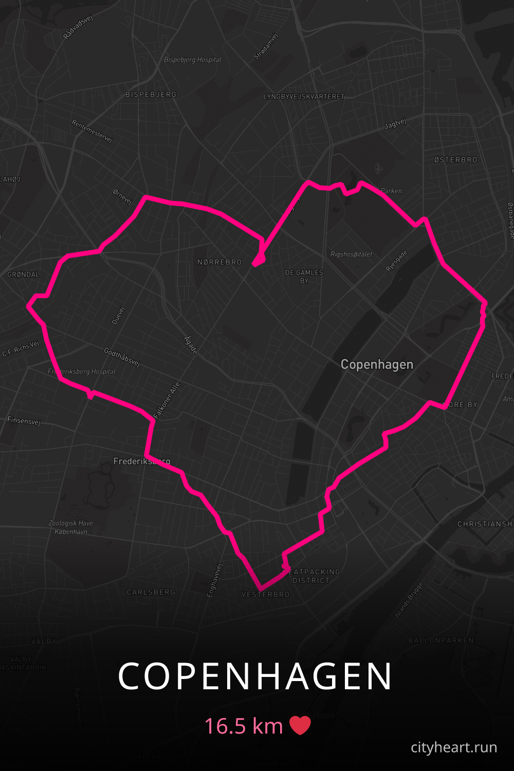 Heart-shaped running route in Copenhagen, 16.5 km — GPS art for Strava