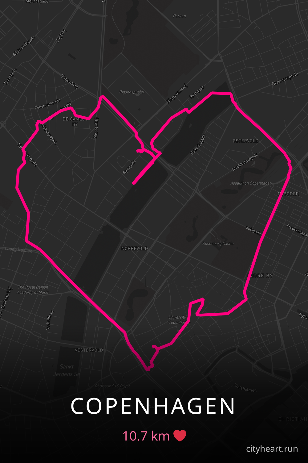 Heart-shaped running route in Copenhagen, 10.7 km — GPS art for Strava