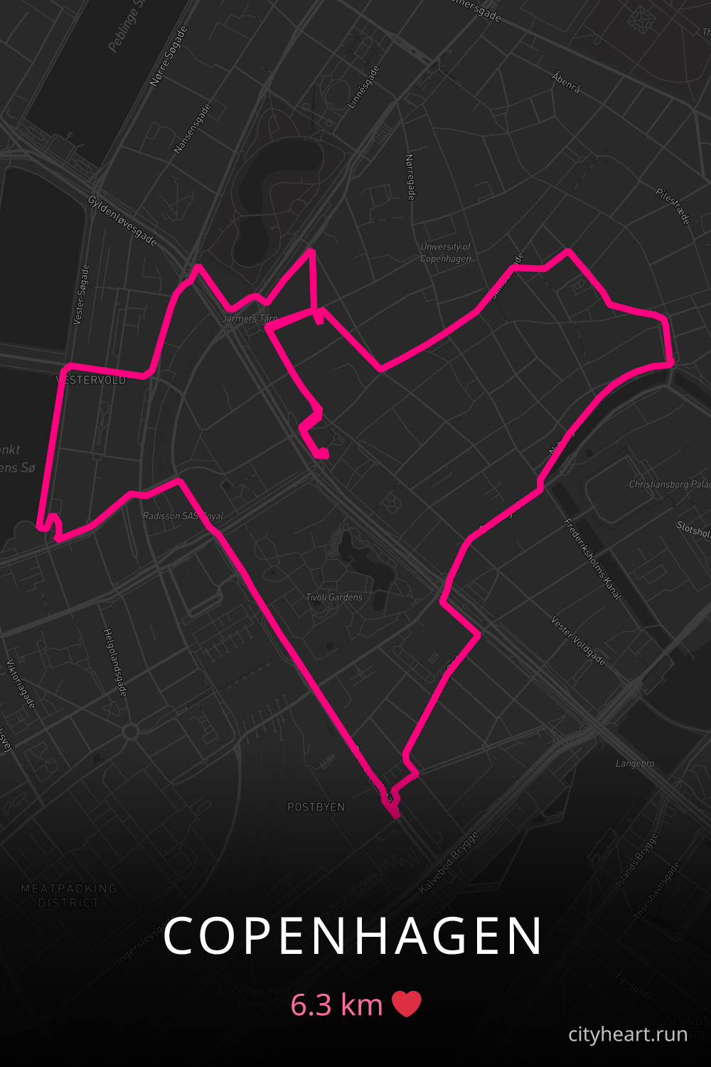 Heart-shaped running route in Copenhagen, 6.3 km — GPS art for Strava