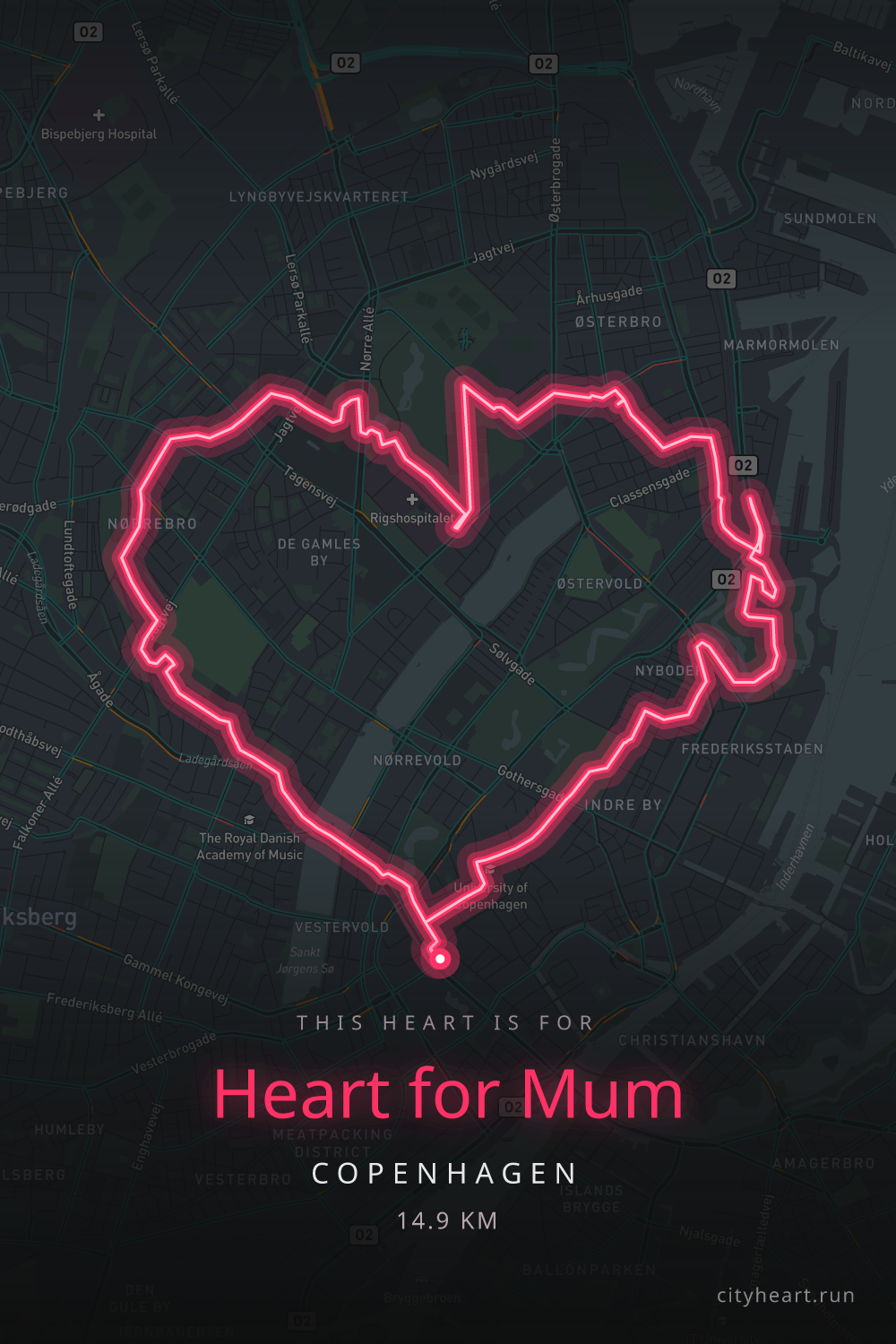 Heart-shaped running route in Copenhagen, 16.0 km — GPS art for Strava