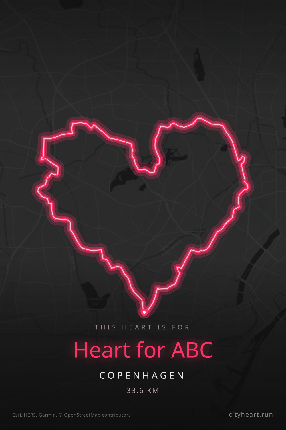 Heart-shaped running route in Copenhagen, 33.6 km — GPS art for Strava