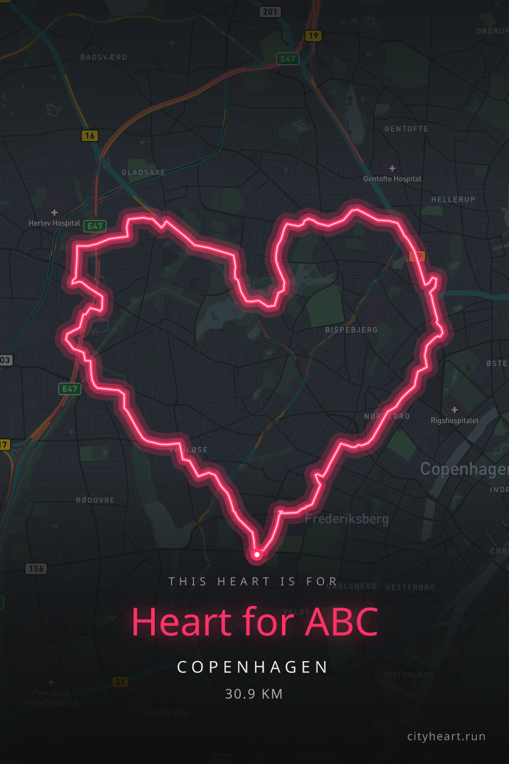 Heart-shaped running route in Copenhagen, 33.6 km — GPS art for Strava