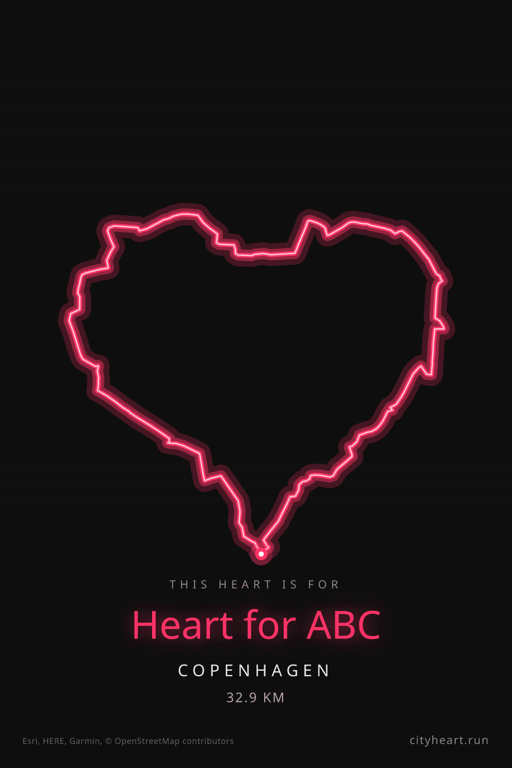Heart-shaped running route in Copenhagen, 32.9 km — GPS art for Strava