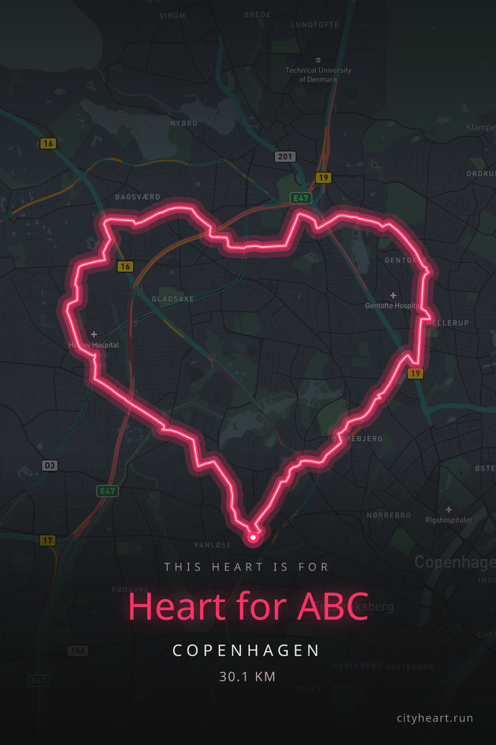 Heart-shaped running route in Copenhagen, 32.9 km — GPS art for Strava