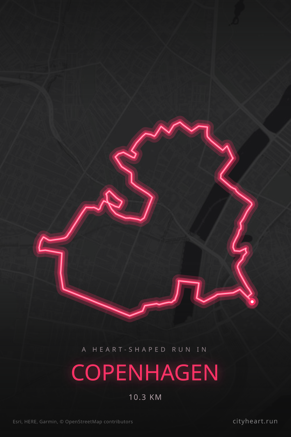 Heart-shaped running route in Copenhagen, 10.3 km — GPS art for Strava