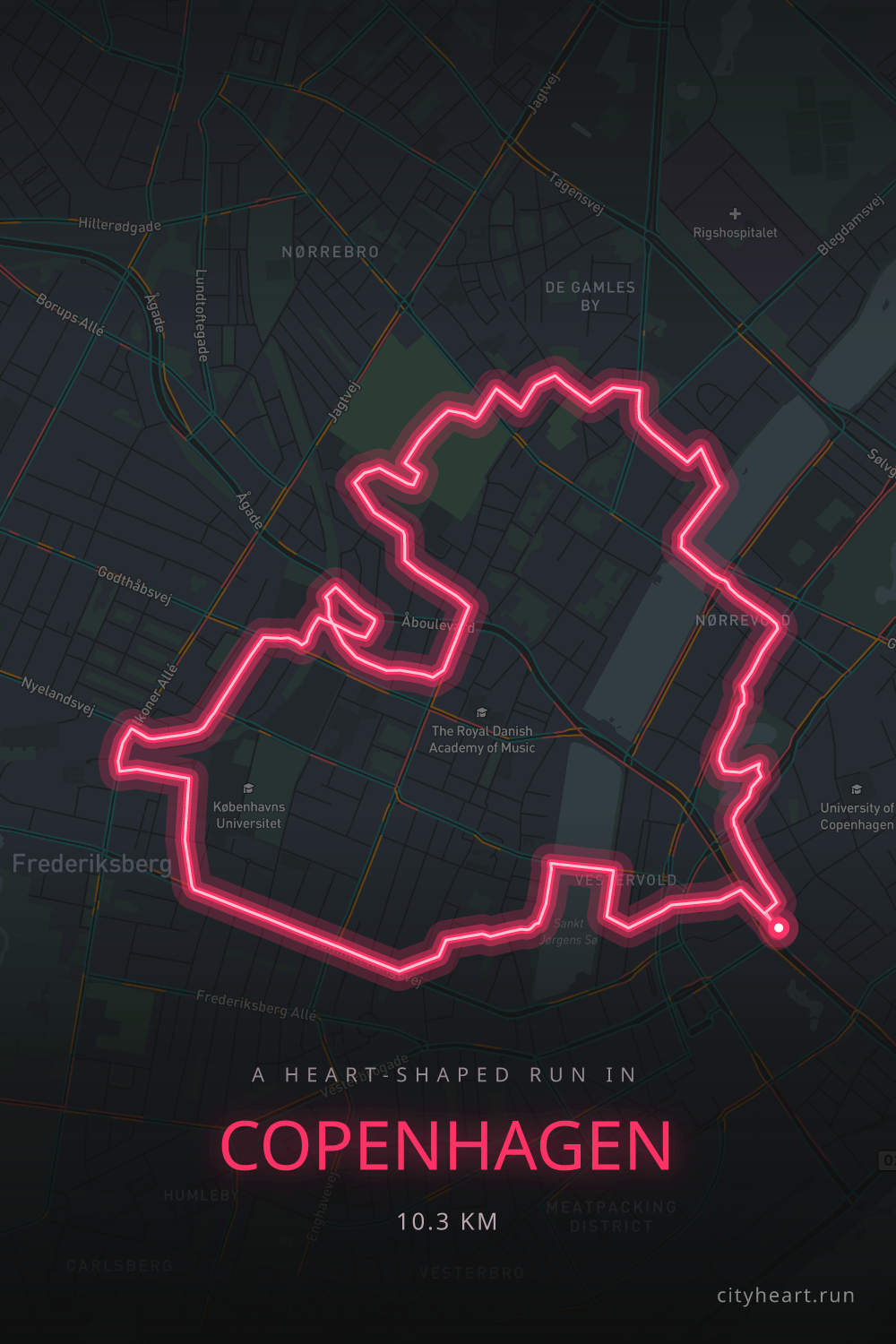Heart-shaped running route in Copenhagen, 10.3 km — GPS art for Strava
