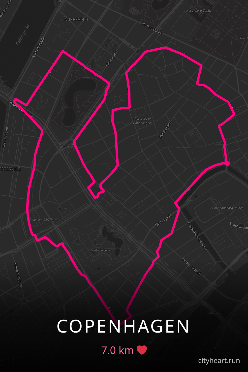 Heart-shaped running route in Copenhagen, 7.0 km — GPS art for Strava