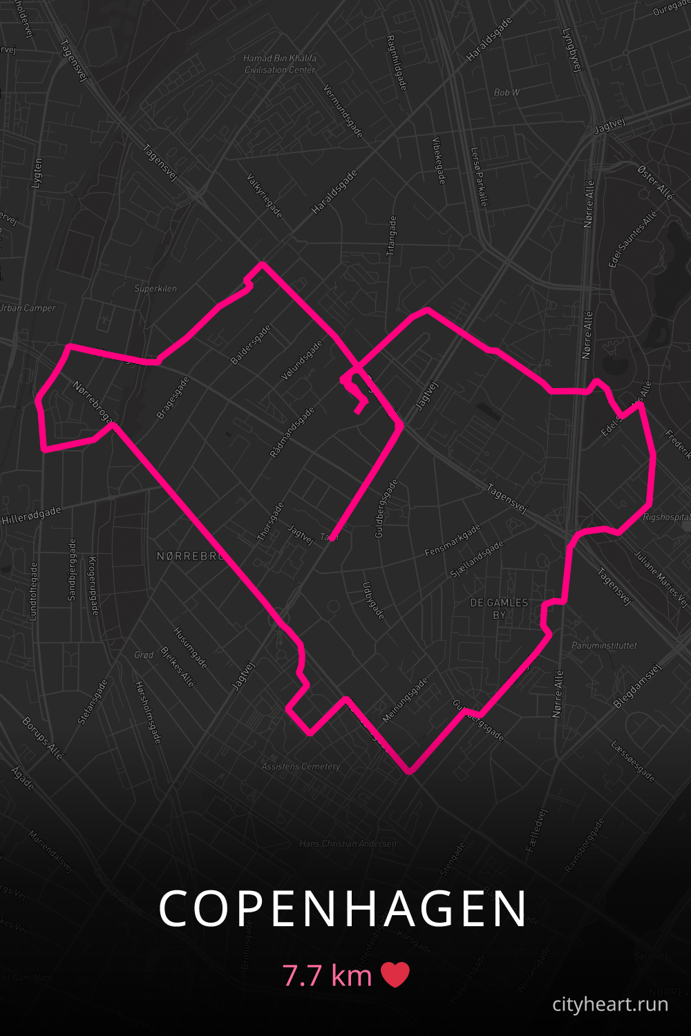 Heart-shaped running route in Copenhagen, 7.7 km — GPS art for Strava