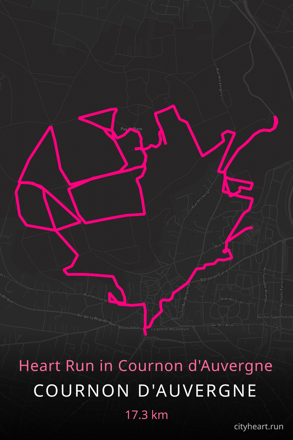 Heart-shaped running route in Cournon d'Auvergne, 17.4 km — GPS art for Strava