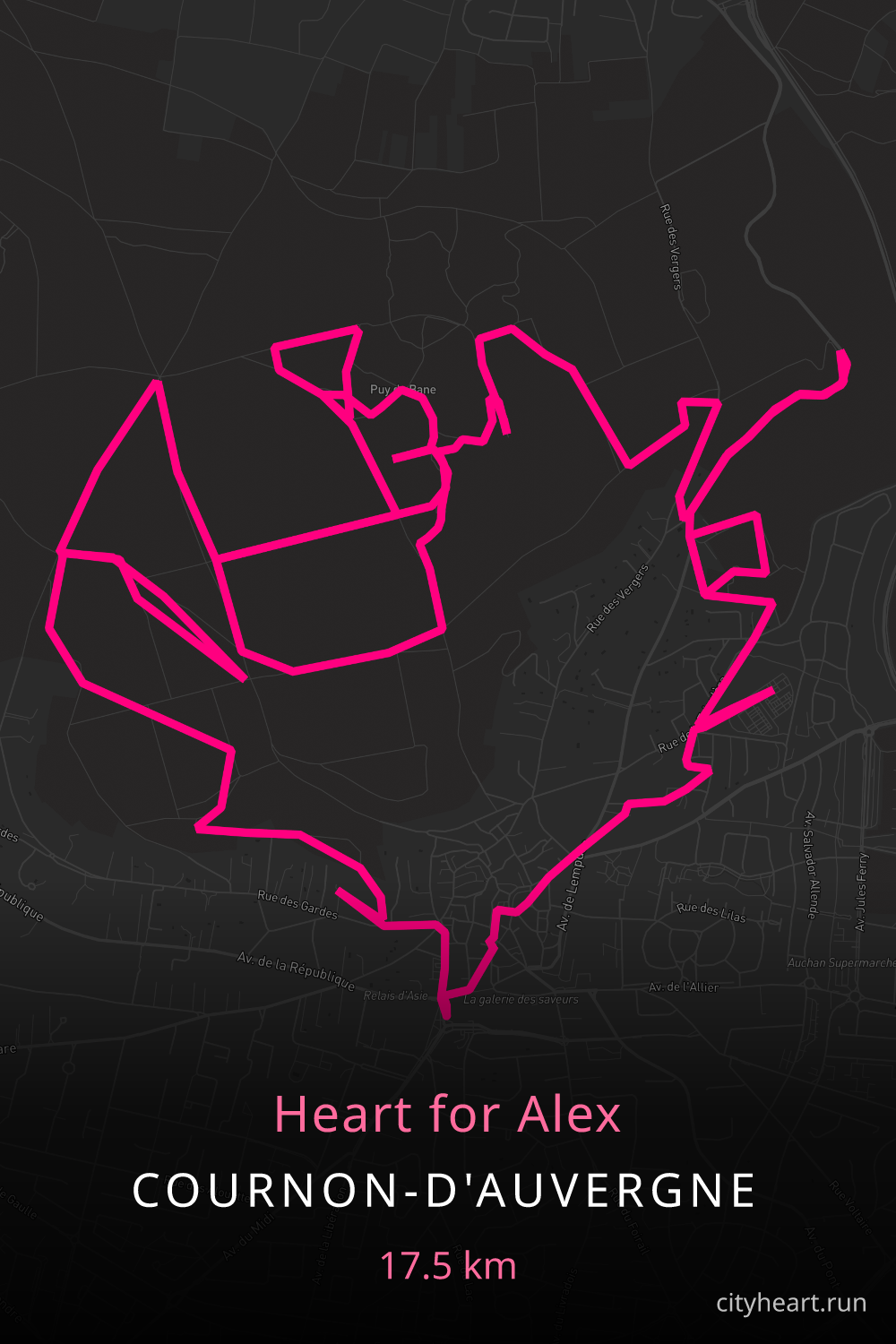 Heart-shaped running route in Cournon-d'Auvergne, 17.5 km — GPS art for Strava