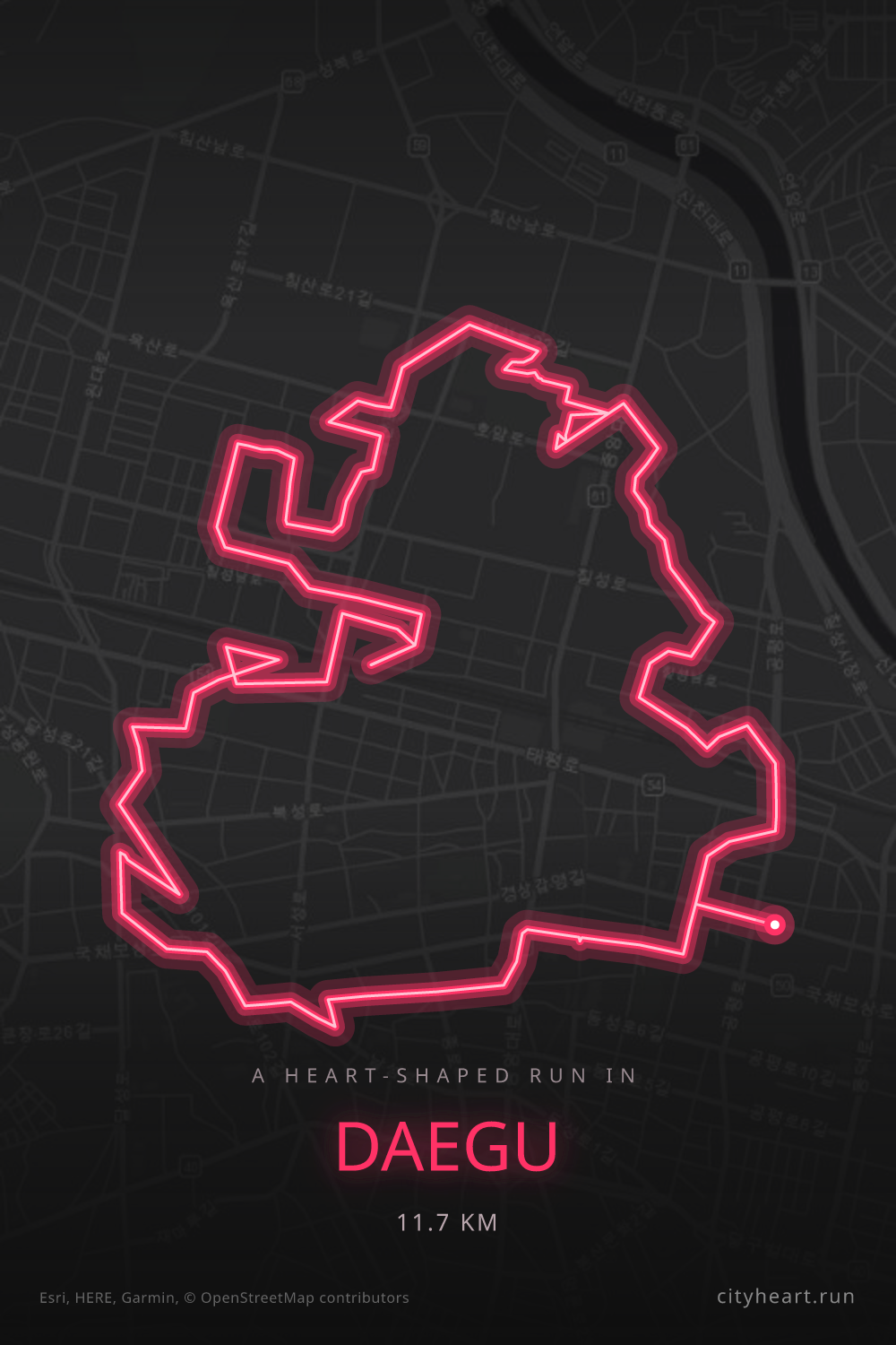Heart-shaped running route in Daegu, 11.7 km — GPS art for Strava