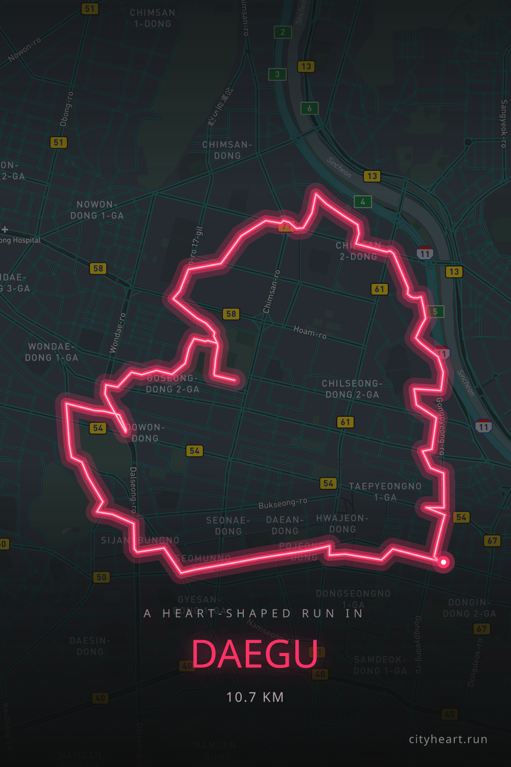 Heart-shaped running route in Daegu, 11.7 km — GPS art for Strava