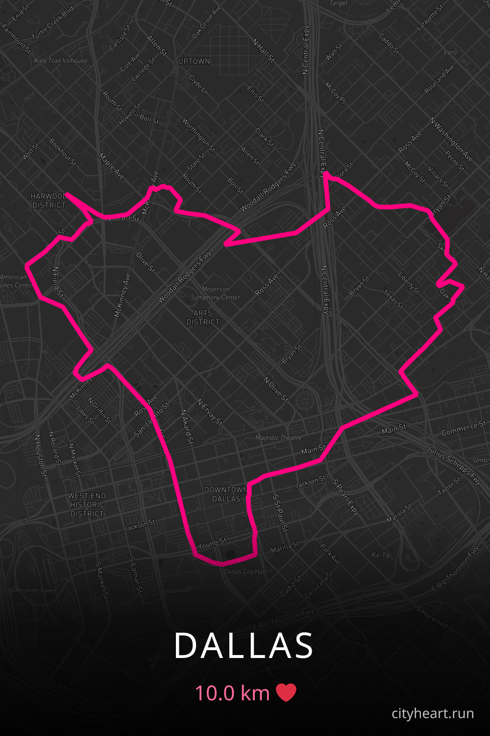 Heart-shaped running route in Dallas, 10.0 km — GPS art for Strava