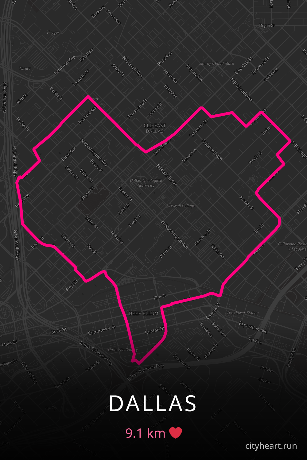 Heart-shaped running route in Dallas, 9.1 km — GPS art for Strava