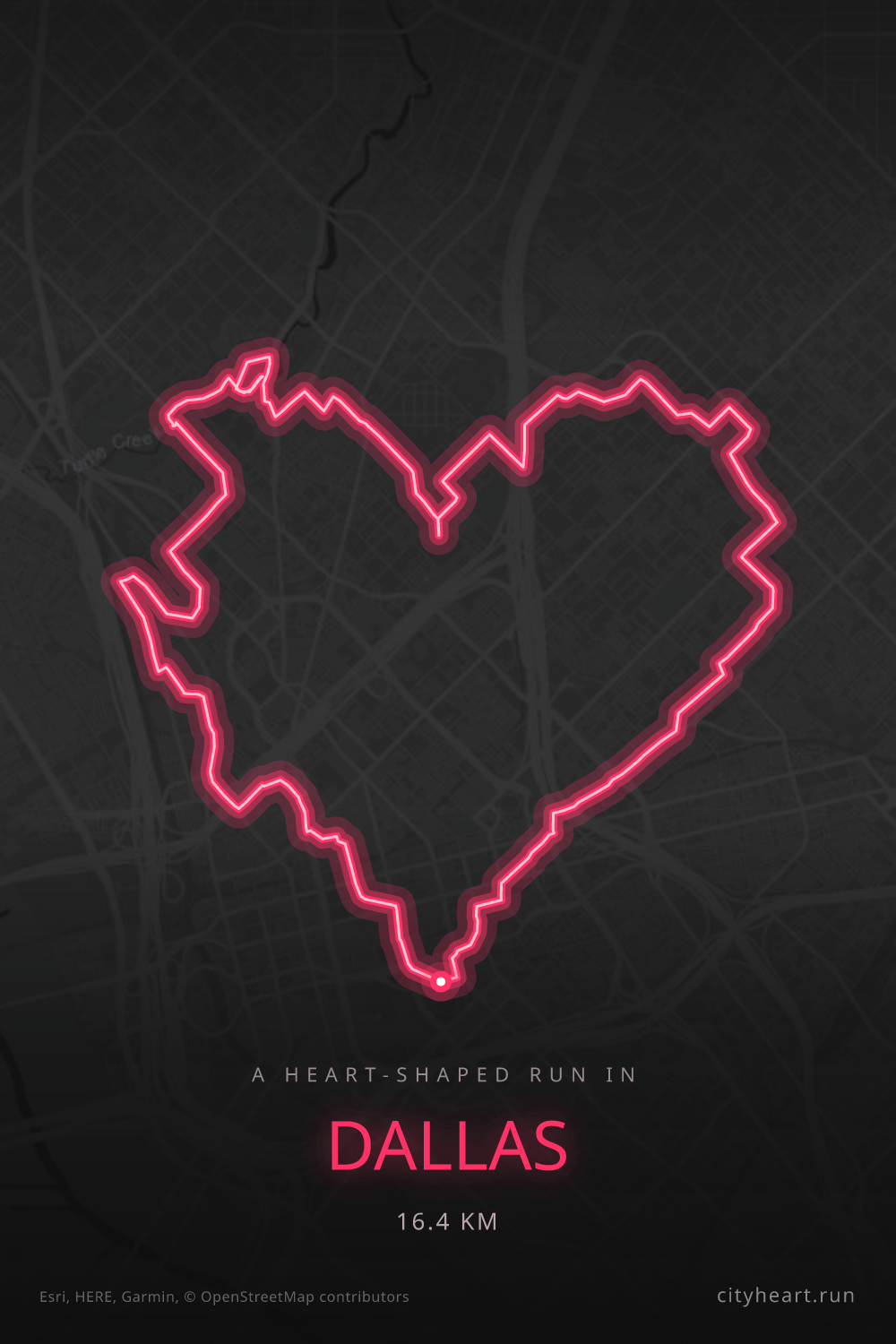 Heart-shaped running route in Dallas, 16.4 km — GPS art for Strava