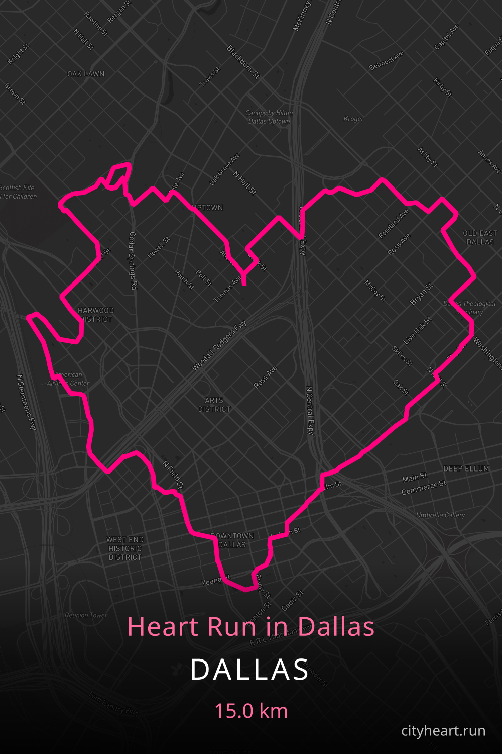 Heart-shaped running route in Dallas, 16.4 km — GPS art for Strava