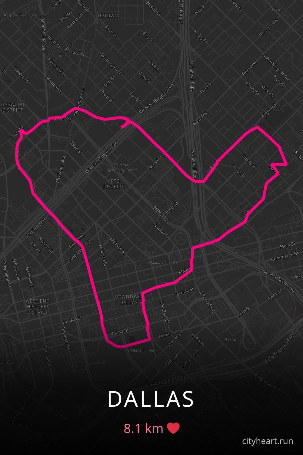 Heart-shaped running route in Dallas, 8.1 km — GPS art for Strava