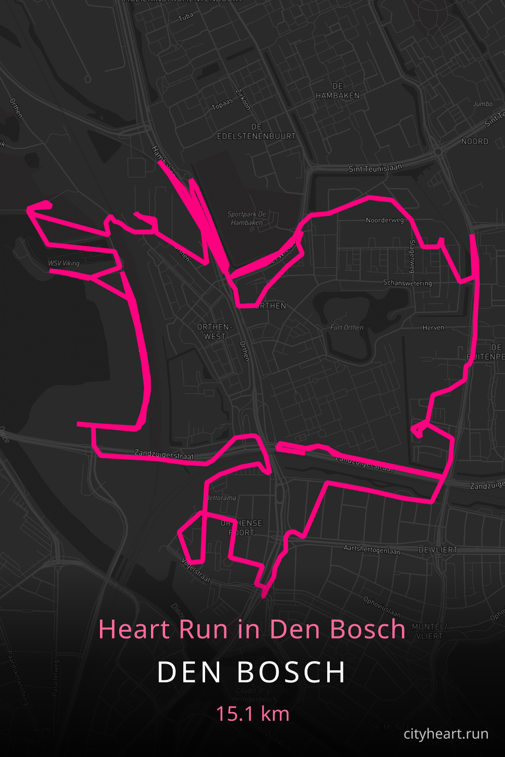 Heart-shaped running route in Den Bosch, 15.2 km — GPS art for Strava