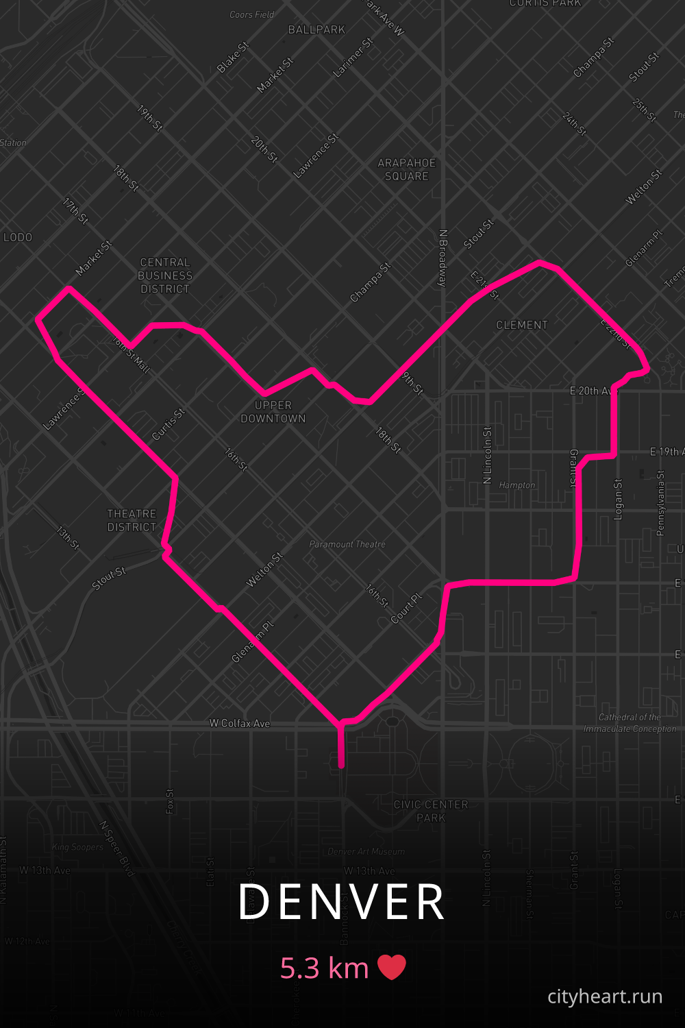 Heart-shaped running route in Denver, 5.3 km — GPS art for Strava