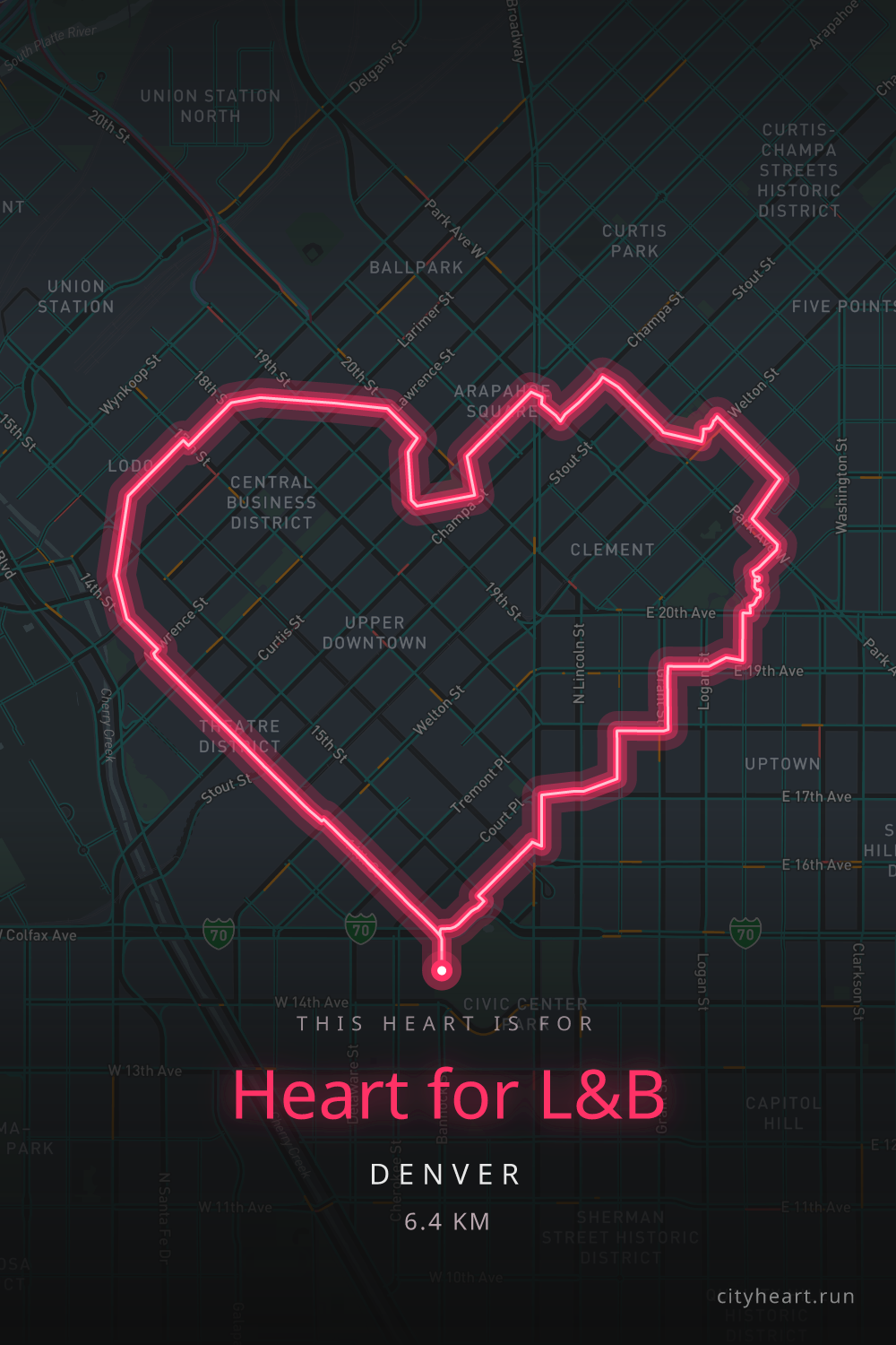 Heart-shaped running route in Denver, 6.4 km — GPS art for Strava