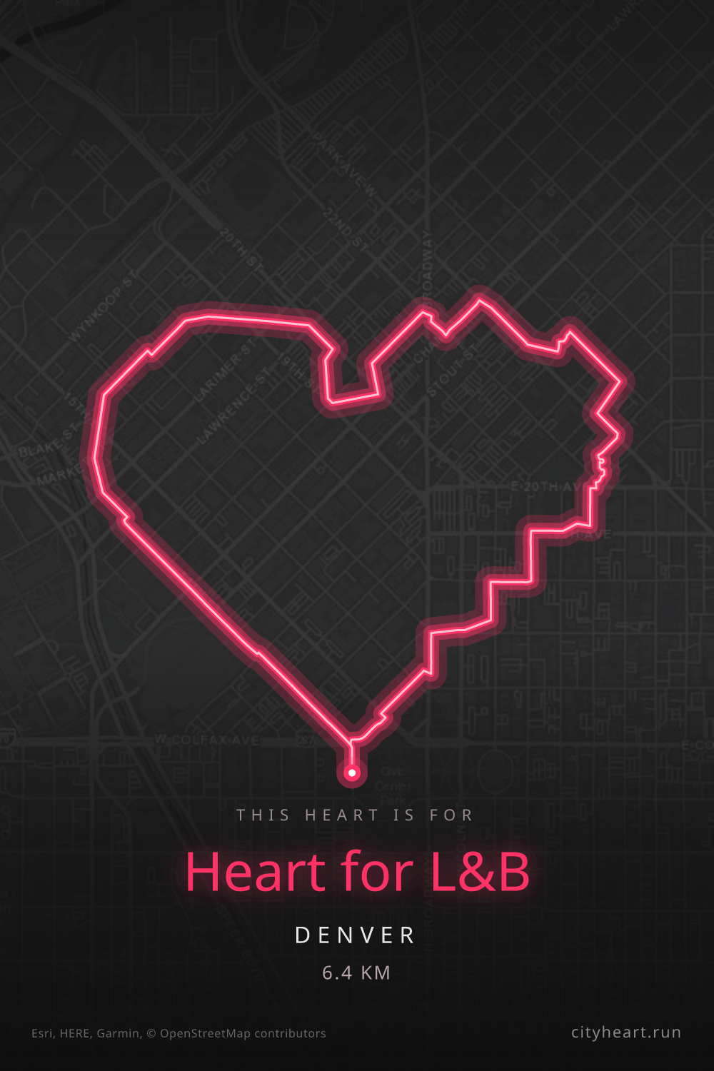 Heart-shaped 6.4 km shakeout running route through Denver, near the Colfax Marathon course