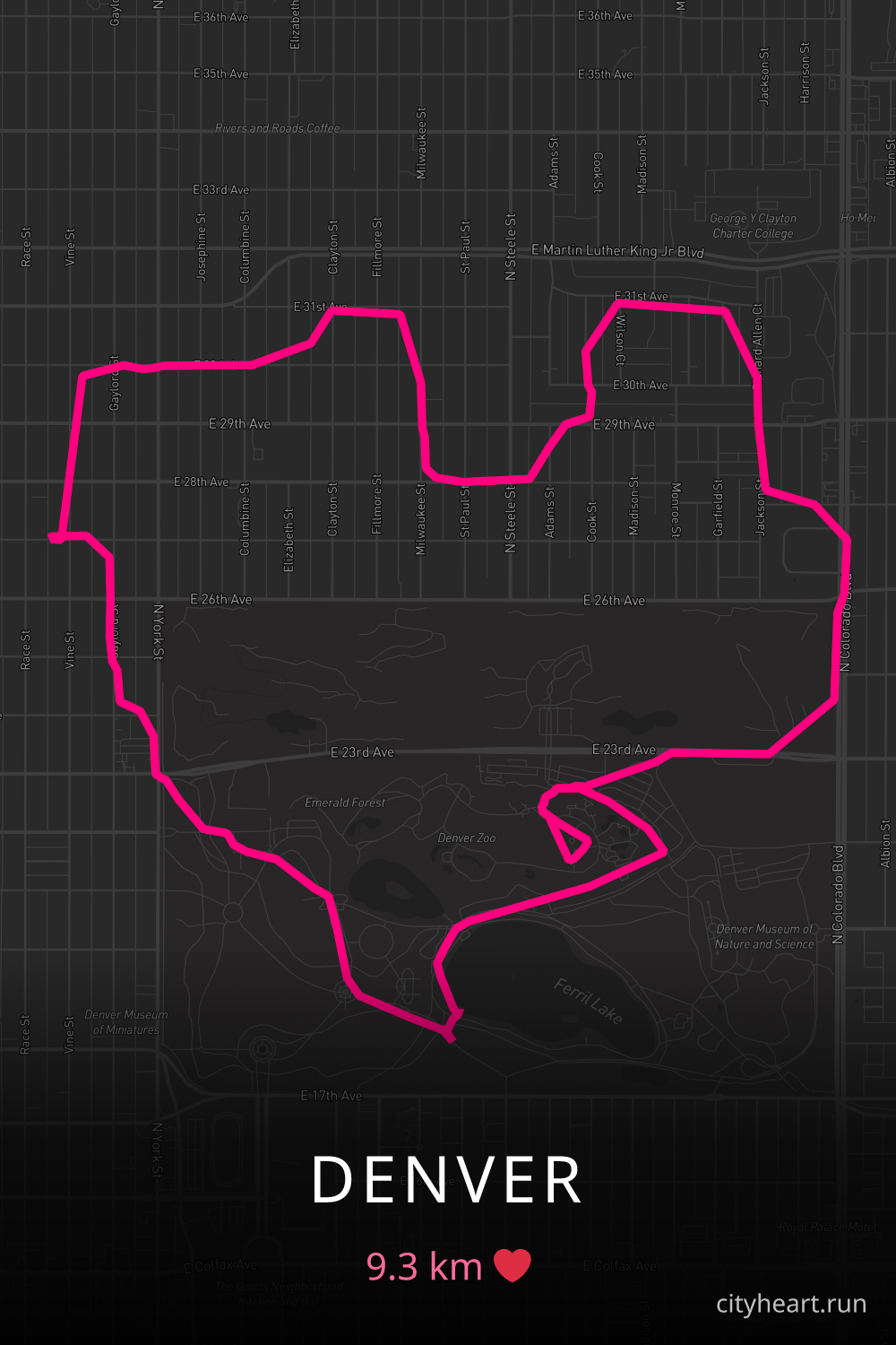 Heart-shaped running route in Denver, 9.3 km — GPS art for Strava