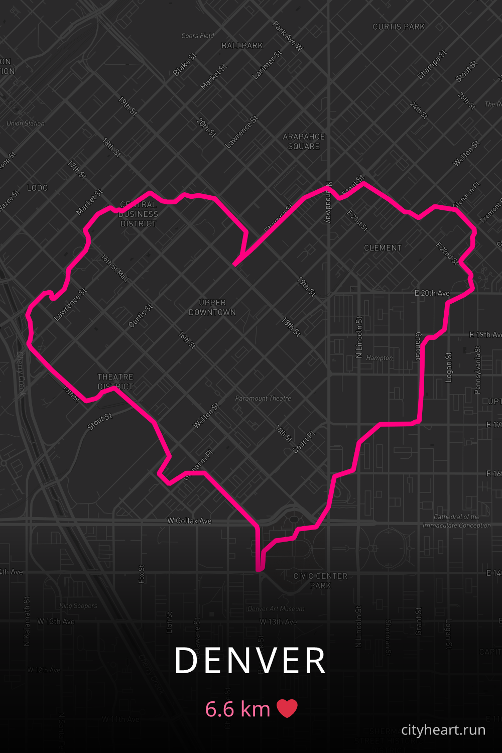 Heart-shaped running route in Denver, 6.6 km — GPS art for Strava