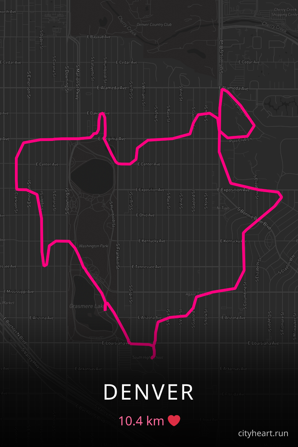Heart-shaped running route in Denver, 10.4 km — GPS art for Strava
